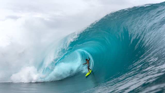 Gilbert Teave at Teahupo'o, Tahiti, in July 2024.