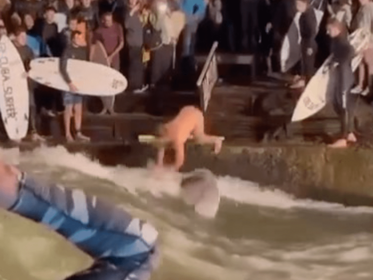 Insane stunt goes horribly wrong for naked surfer at Munich's