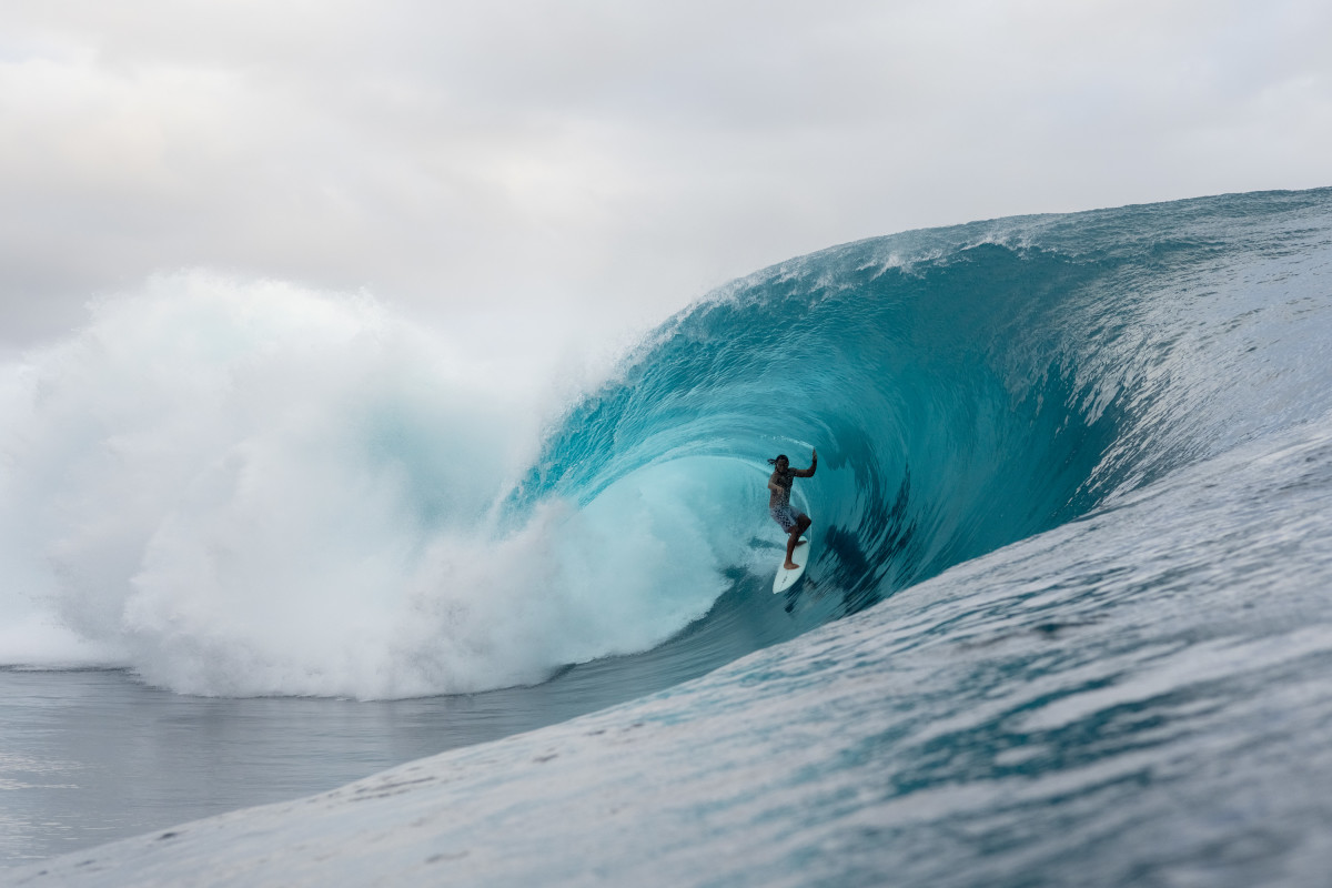 Matehau Tetopata at Teahupo'o, Tahiti, in July 2024.