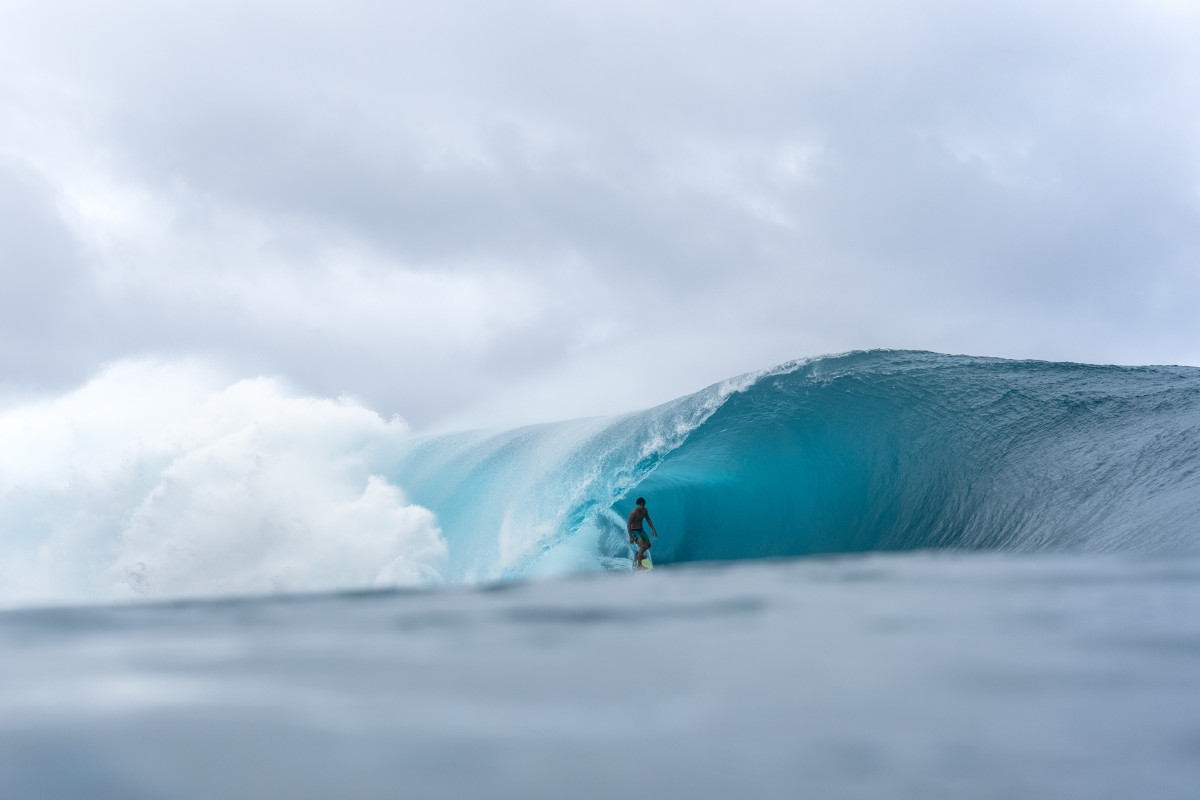 Matahi Drollet at Teahupo'o, Tahiti, in July 2024.