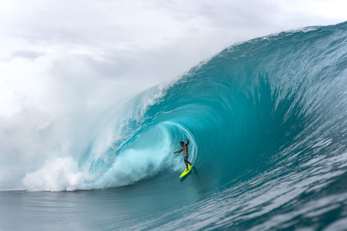 Gilbert Teave at Teahupo'o, Tahiti, in July 2024.