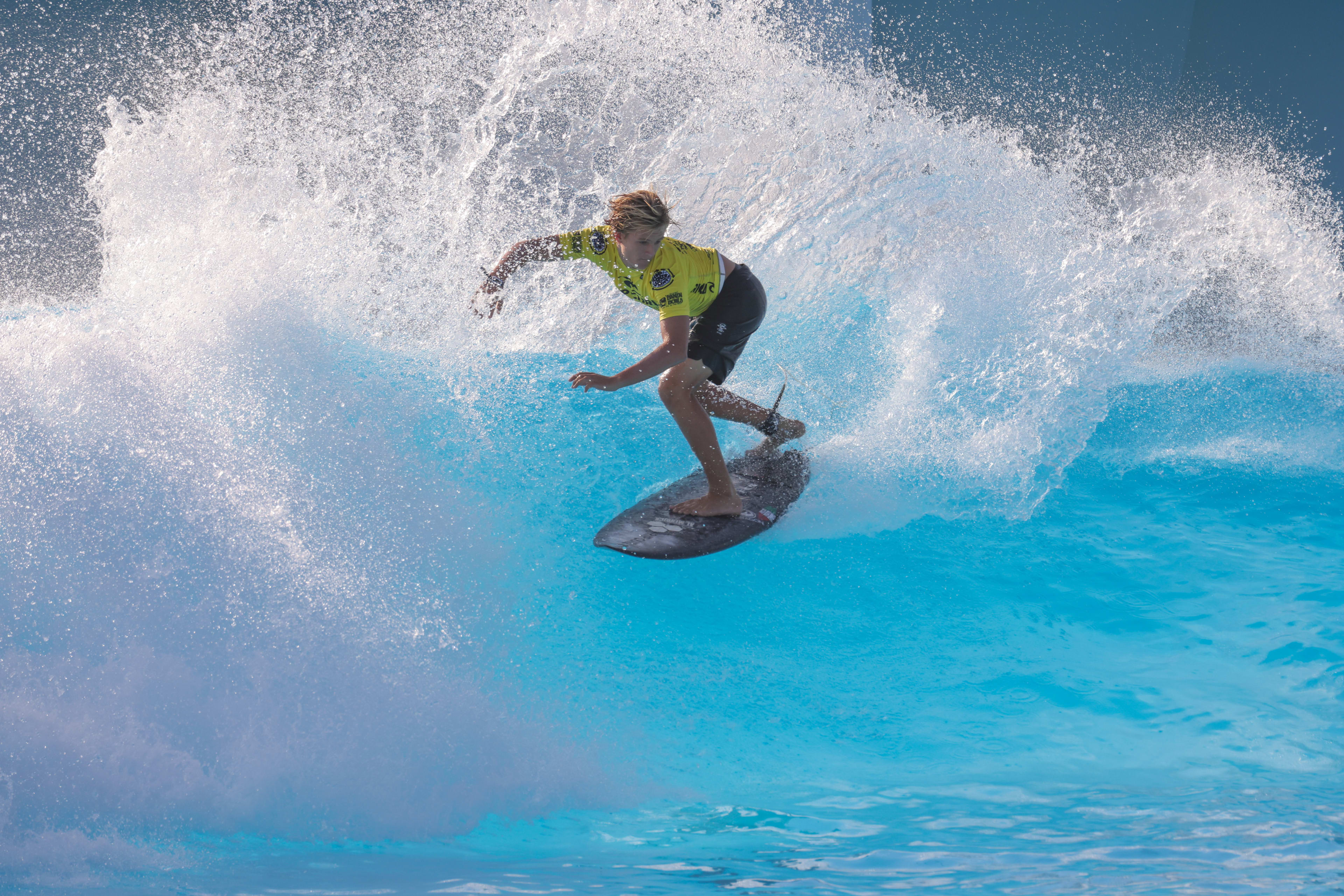 Mexican surfer Lucas Cassity rips a left at the Palm Springs Surf Club during the 2024 Rip Curl GromSearch National Final .